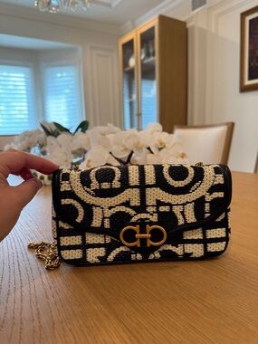Salvatore Ferragamo Black and Cream Woven Chain Shoulder Bag with Gold Hardware